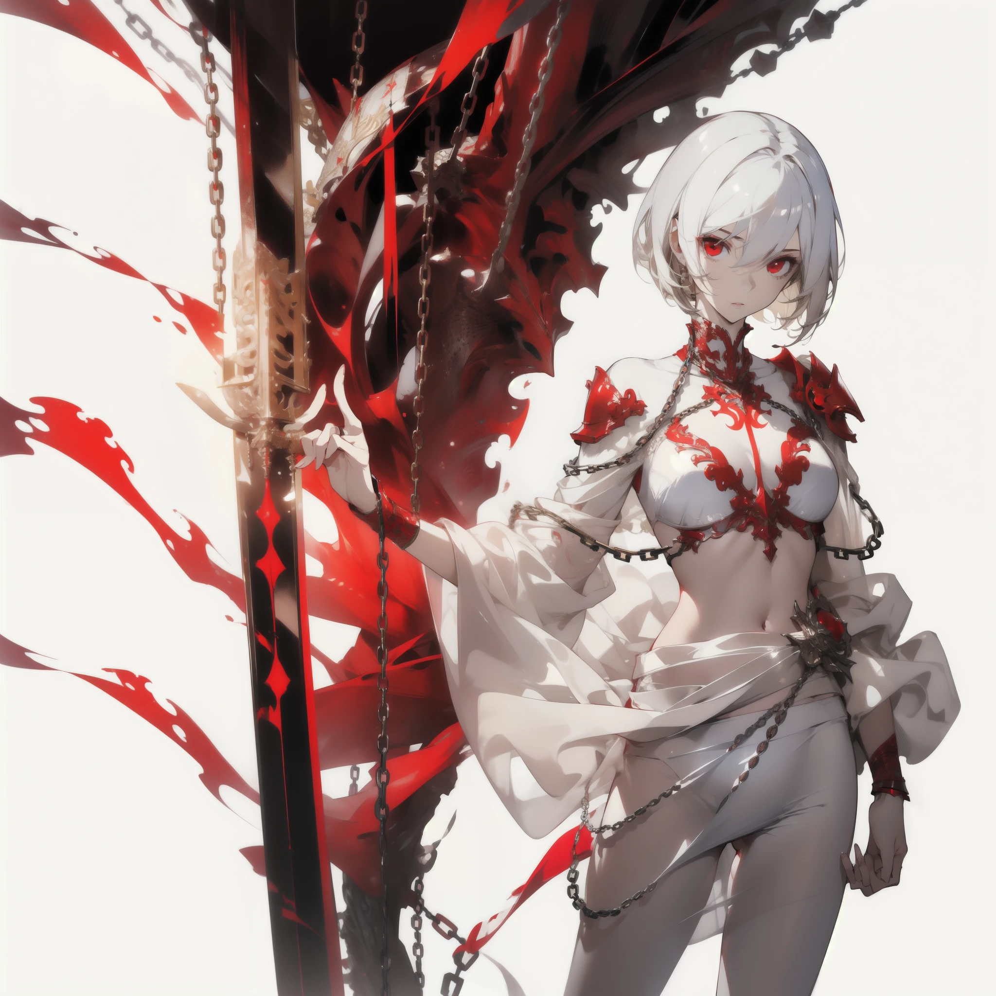 ((masterpiece, best quality)), Delicate face,knight,Standing picture,whole body,Perfect body proportions,Long legs,Handsome short hair,Nice red eyes,Fantasy style,White background,Extremely beautiful,transparent,Pure white armor,Sexy bikini,Flame Surround,chain,Tattoo,Lace,exposed