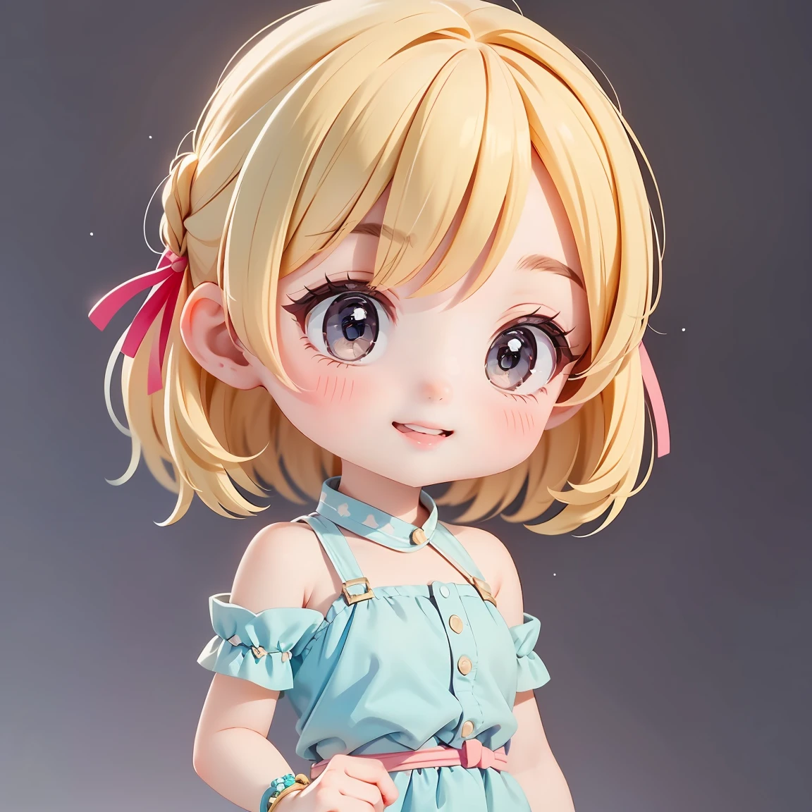  Super Chibi Character：1.8、wearing cute sandals、background：Simple all over、Blonde Hair、Cute 7 year old girl、Random cute outfits、Short legs、Sandals with ribbon、Cute pose、Super Happy Smile：1.8