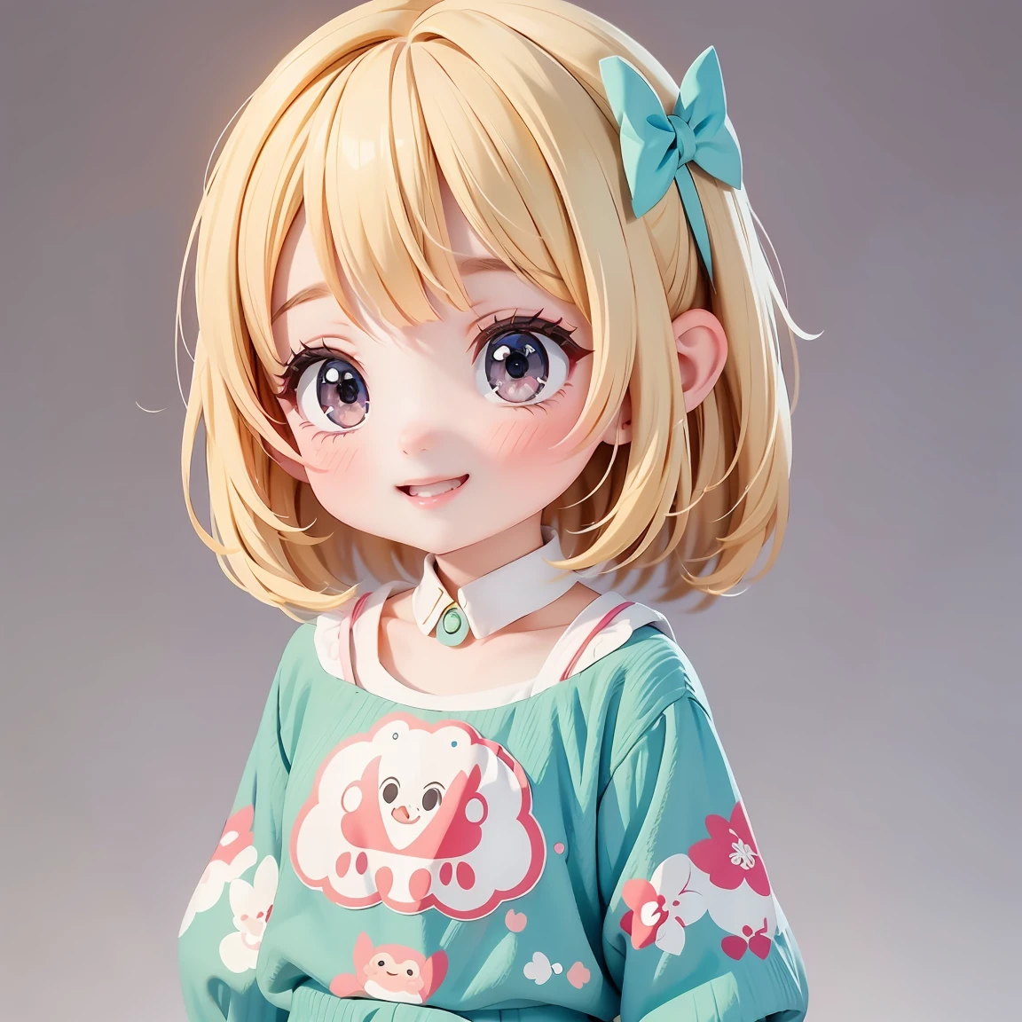  Super Chibi Character：1.8、wearing cute sandals、background：Simple all over、Blonde Hair、Cute 7  girl、Random cute outfits、Short legs、Sandals with ribbon、Cute pose、Super Happy Smile：1.8