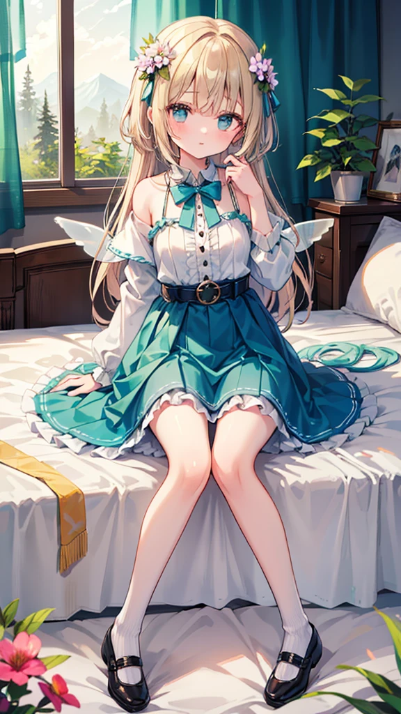 (masterpiece, best quality:1.3), 1 girl, 独奏, ager,(top quality eyes:1.3),18 year old girl、bed、My Room、Normal size breasts、wariza、Pastel color fairy style。The mint green tunic dress is made of light chiffon material.、Lace detailing on sleeves and hem。There is a delicate wing accessory on the shoulder.、A flower garland belt is worn around the waist.。Flat shoes are also in pastel colors.、The base is decorated with small flowers.。In the background is a fantastic forest landscape.。