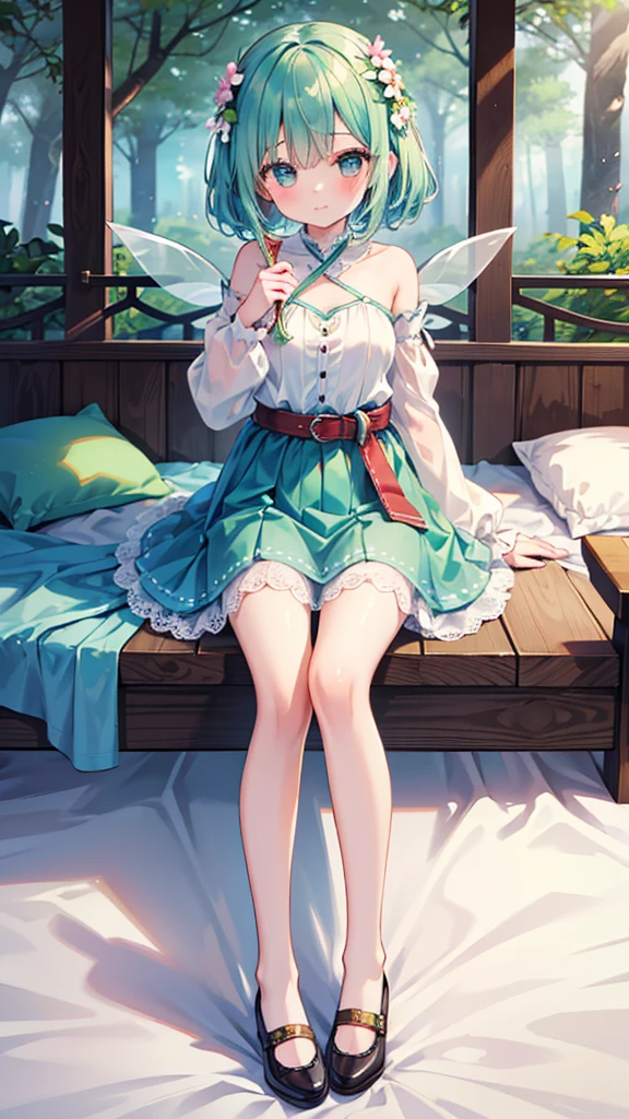(masterpiece, best quality:1.3), 1 girl, 独奏, teenager,(top quality eyes:1.3),18 year old girl、bed、My Room、Normal size breasts、wariza、Pastel color fairy style。The mint green tunic dress is made of light chiffon material.、Lace detailing on sleeves and hem。There is a delicate wing accessory on the shoulder.、A flower garland belt is worn around the waist.。Flat shoes are also in pastel colors.、The base is decorated with small flowers.。In the background is a fantastic forest landscape.。