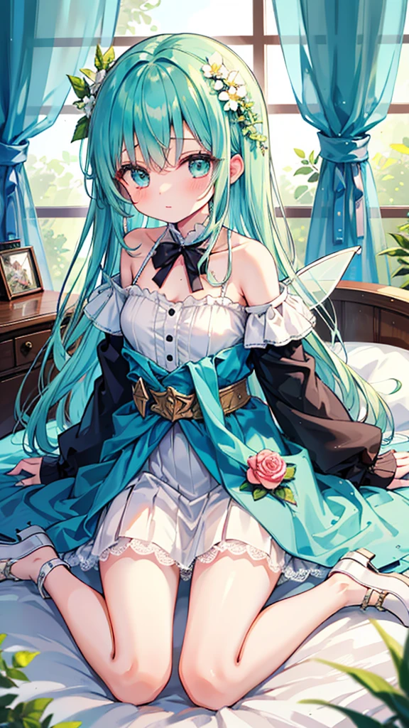 (masterpiece, best quality:1.3), 1 girl, 独奏, teenager,(top quality eyes:1.3),18 year old girl、bed、My Room、Normal size breasts、wariza、Pastel color fairy style。The mint green tunic dress is made of light chiffon material.、Lace detailing on sleeves and hem。There is a delicate wing accessory on the shoulder.、A flower garland belt is worn around the waist.。Flat shoes are also in pastel colors.、The base is decorated with small flowers.。In the background is a fantastic forest landscape.。