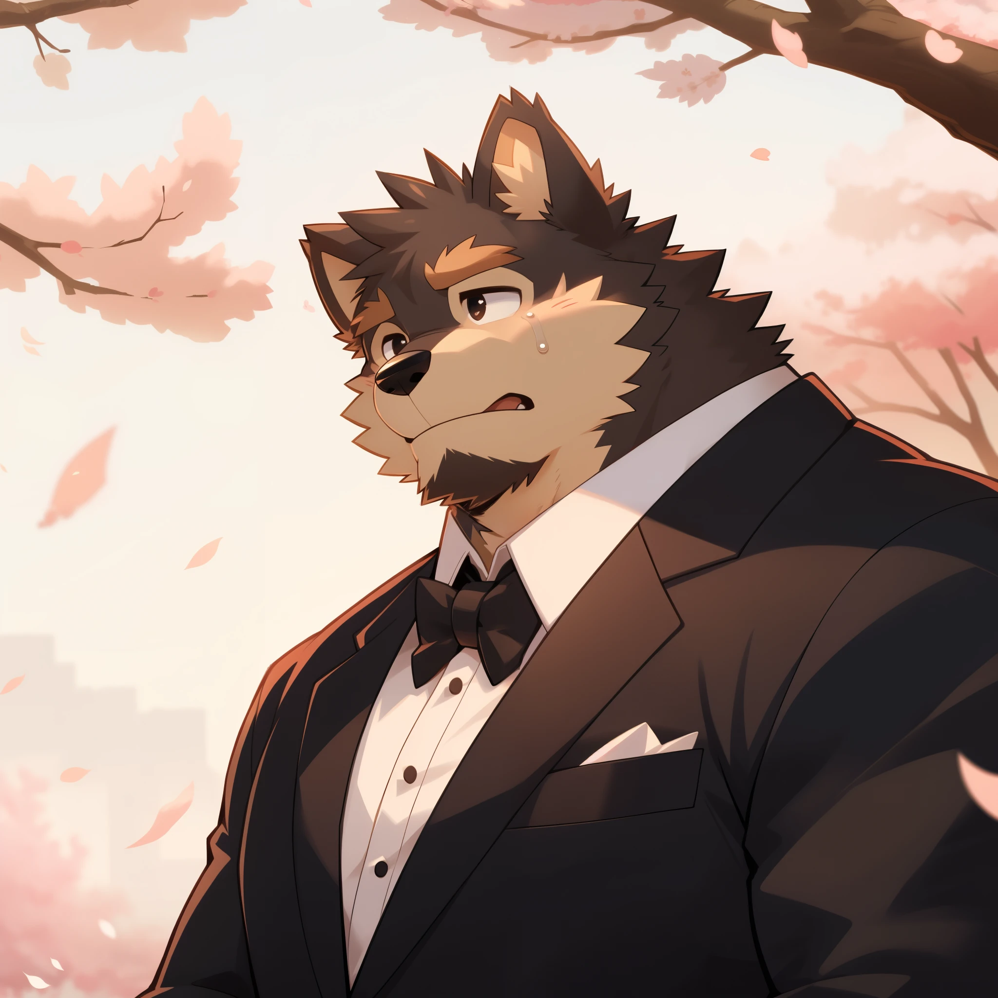 Scribble 德国牧羊dog face,cry,Humanity(dog),(Formal wear:1.3),Muscular,(Brown eyebrows:1.1),(Close one eye:1.2),(Perfect black eyes),Cherry blossoms,Black fur。(artist:Takemoto Arashi)