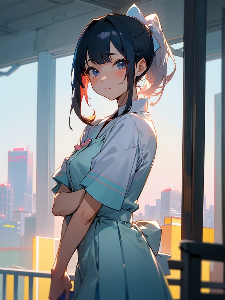 anime、masterpiece、Highest quality、Tokyo metropolitan area in summer、A very cute girl with a gradient ponytail、shaved iceをスプーンを持って食べている、Summer gradient dress、The city overlooks the forest、shaved ice