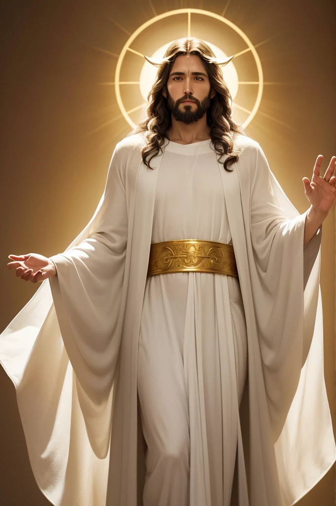 Create an image of Jesus Christ with a serene, illuminated background, highlighting your figure in a white robe, with an expression of peace and compassion. Add a golden halo around your head to symbolize your holiness."