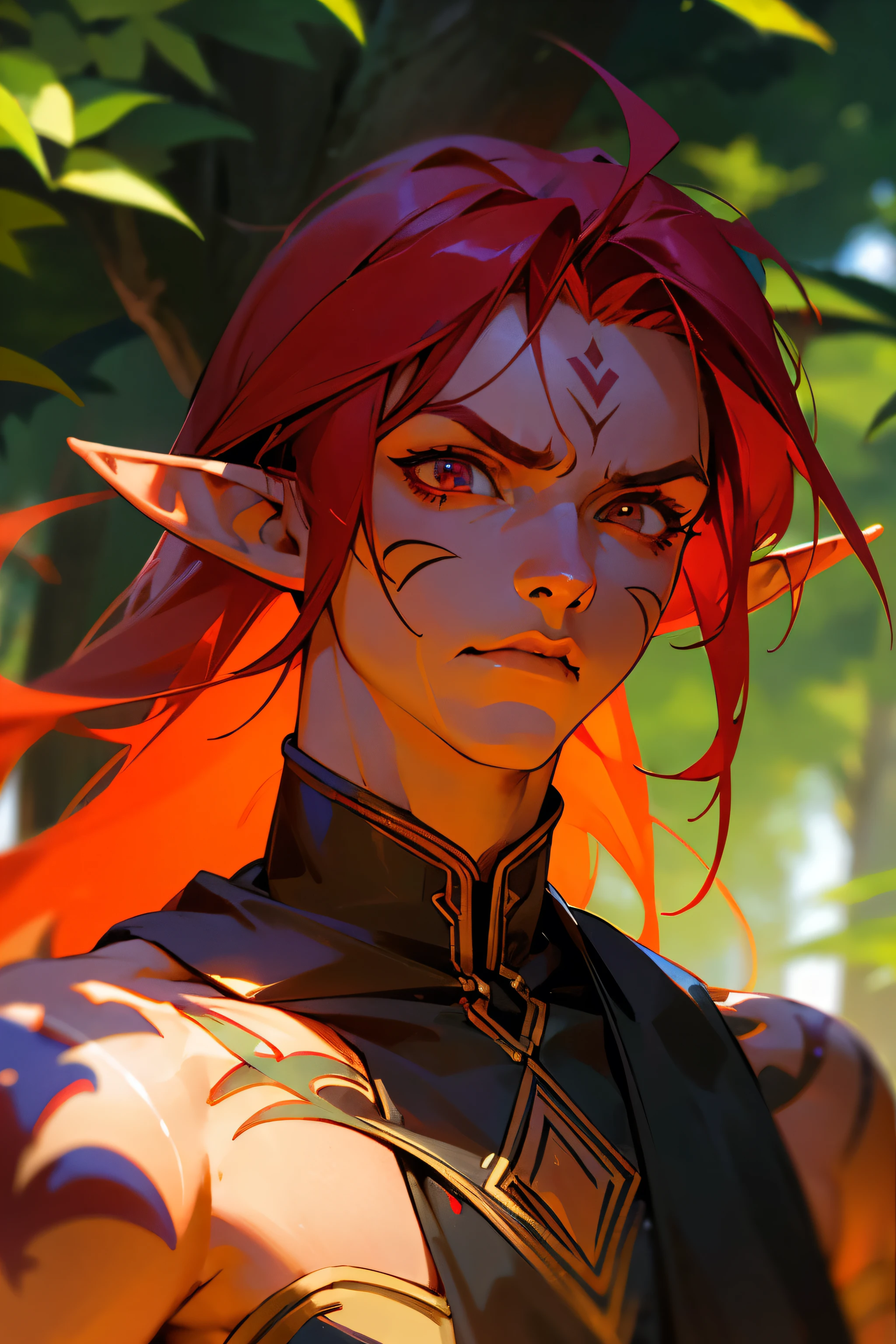 realistic lighting, Summer Eladrin Elf, naughty man, 20 year, angry, darkskin, long, spiky red hair, Eyes red, Bright yellow tribal tattoos on face and body, Warm colored rpg elf outfits with summer details on the outfit, summer day in the background, blurred and realistic background