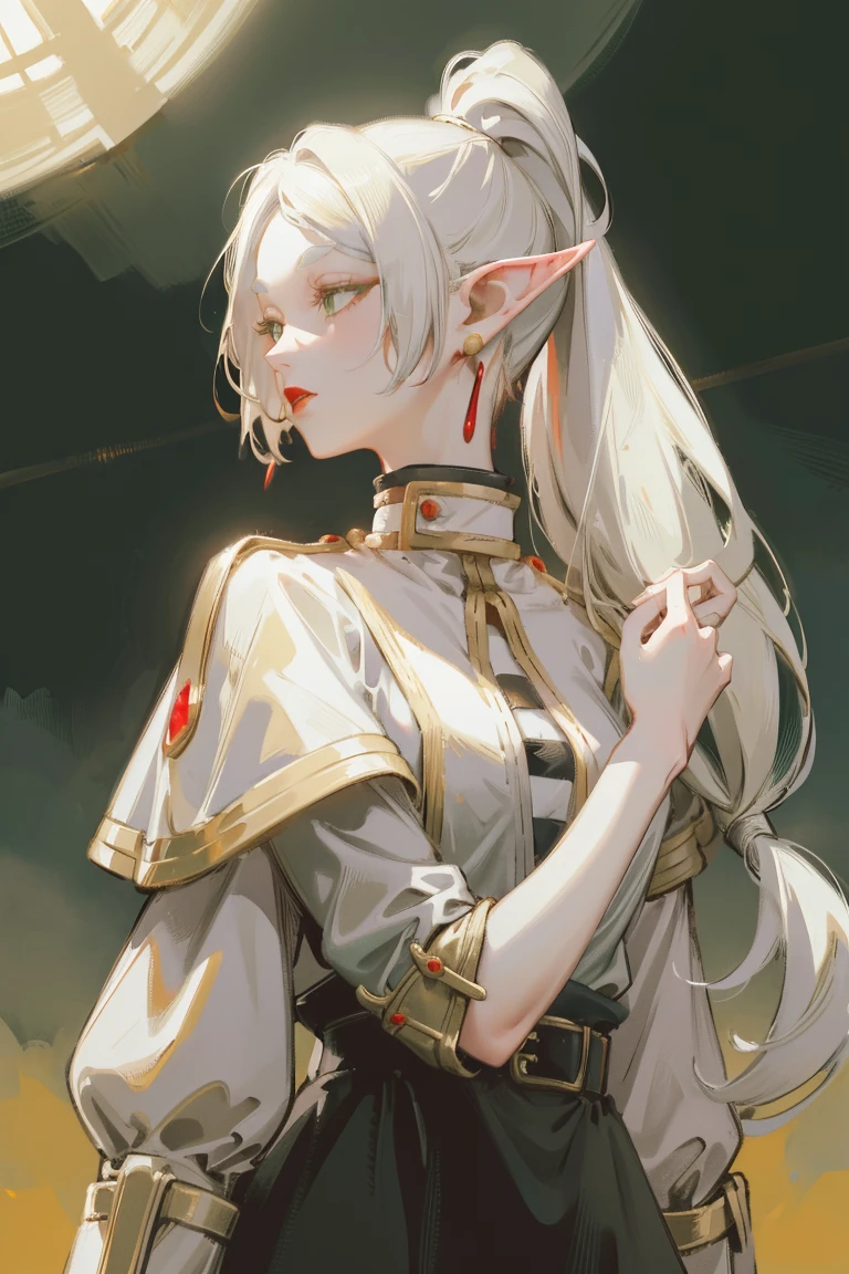 Standing with upper body, Honey, solitary, White skin, Long gray hair, Double ponytail hairstyle, (Elf ears), Green Eyes, Like a gem, earrings, Red Eyeshadow, Red lips, Black Magic Dress, careful, Fake laugh, masterpiece, high quality