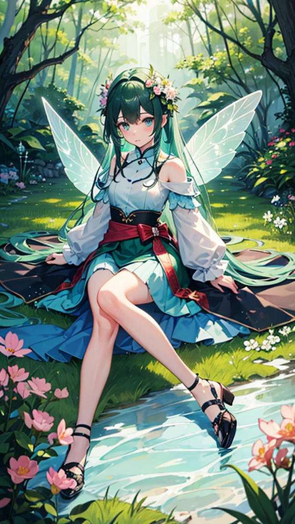 (masterpiece, best quality:1.3), 1 girl, 独奏, ager,(top quality eyes:1.3),18 year old girl、bed、My Room、Normal size breasts、wariza、Pastel color fairy style。The mint green tunic dress is made of light chiffon material.、Lace detailing on sleeves and hem。There is a delicate wing accessory on the shoulder.、A flower garland belt is worn around the waist.。Flat shoes are also in pastel colors.、The base is decorated with small flowers.。In the background is a fantastic forest landscape.。