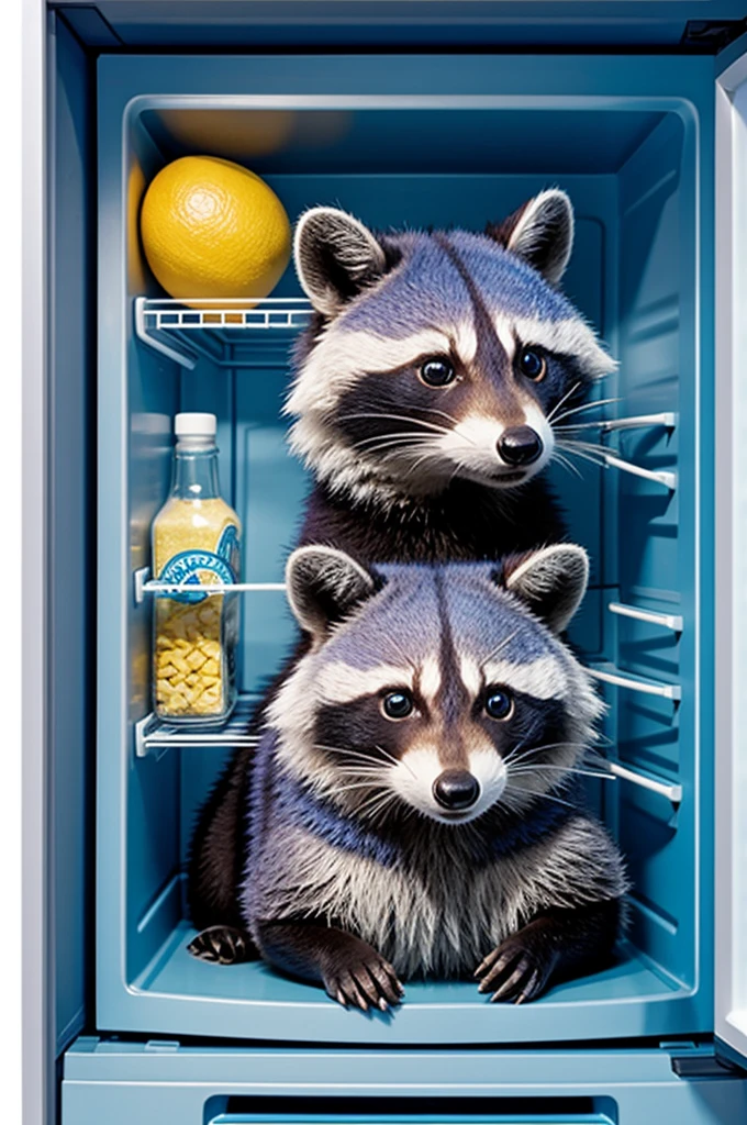 A stuffed blue raccoon inside a refrigerator