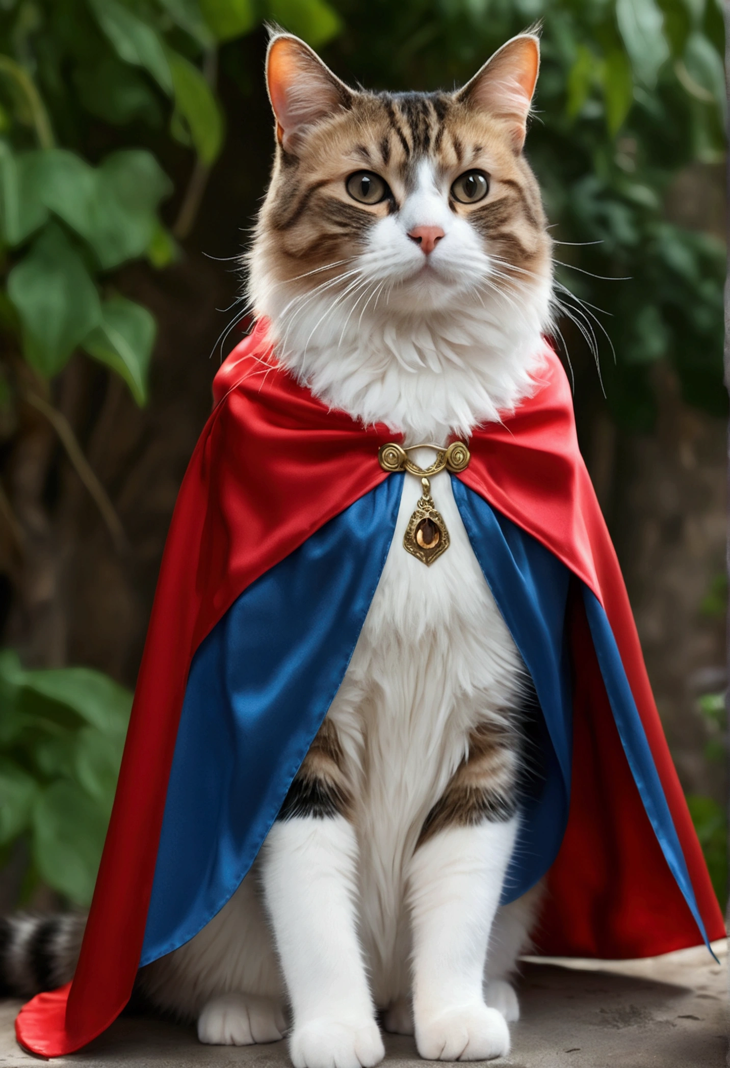 (best quality, 4K , 8k , A high resolution written) ultra detail, fantasy background, (Realistic,photorrealistic,photo-realistic:1.37), cat, wearing cape, (written "OCKSYI" in the cape)