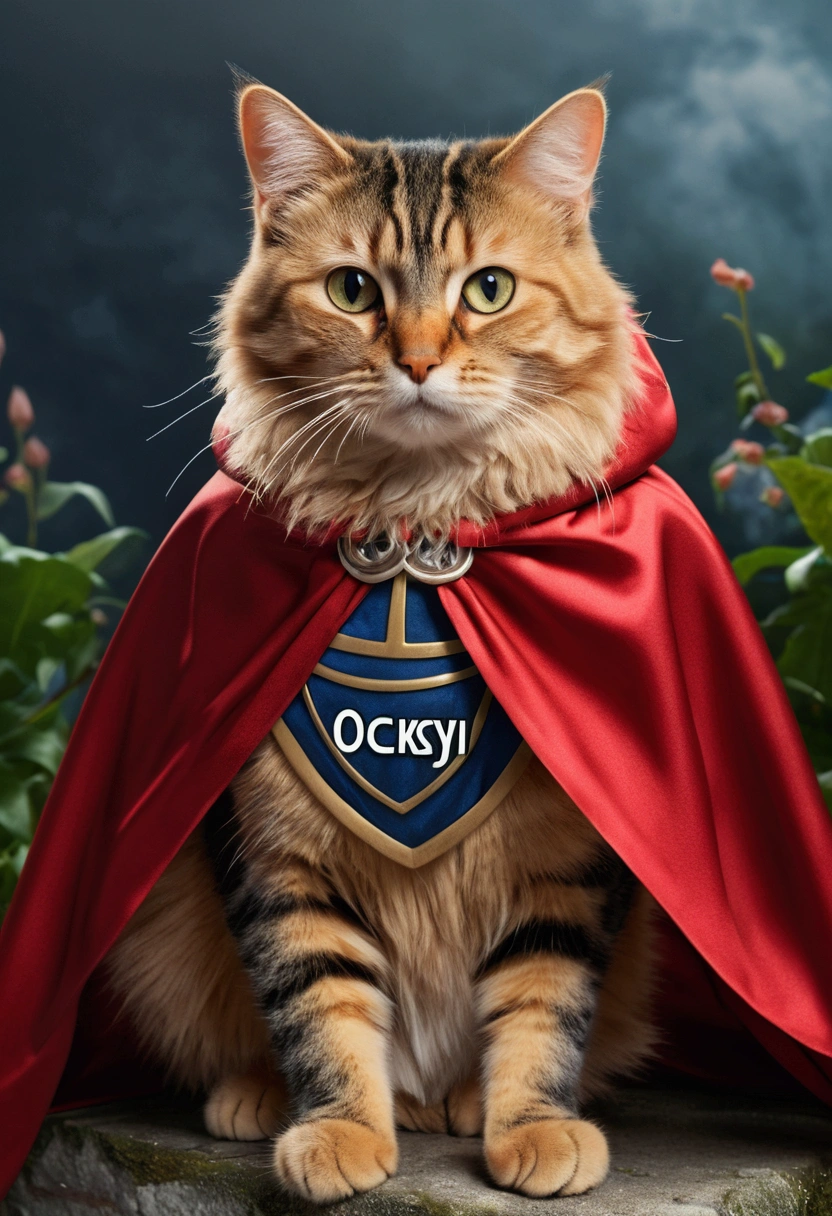 (best quality, 4K , 8k , A high resolution written) ultra detail, fantasy background, (Realistic,photorrealistic,photo-realistic:1.37), cat, wearing cape, (written "OCKSYI" in the cape)