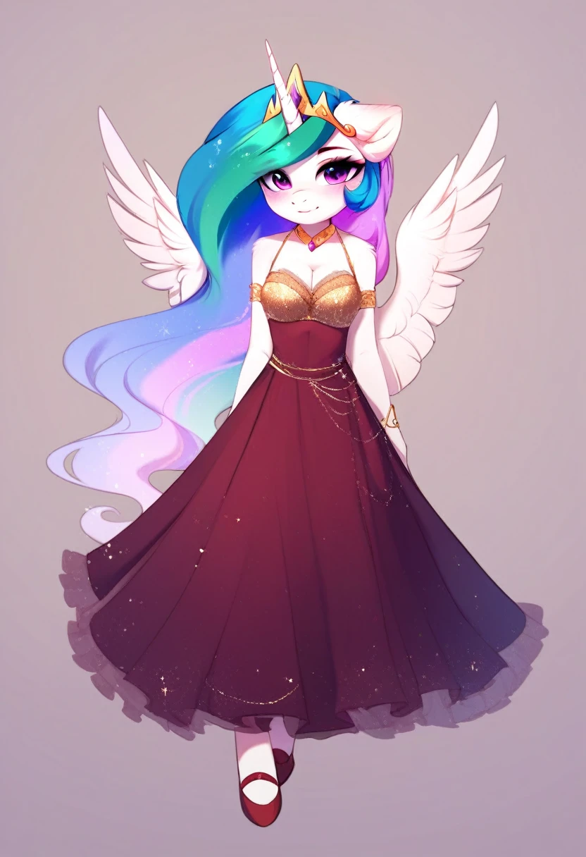 check_9, check_8_up, check_7_up, source_fluffy, rating_safe, from Magnaluna, Celestia poses seductively in a white bedroom, pink eyes, white body, anthro, blushing, wearing tight golden lingerie skirt, full body