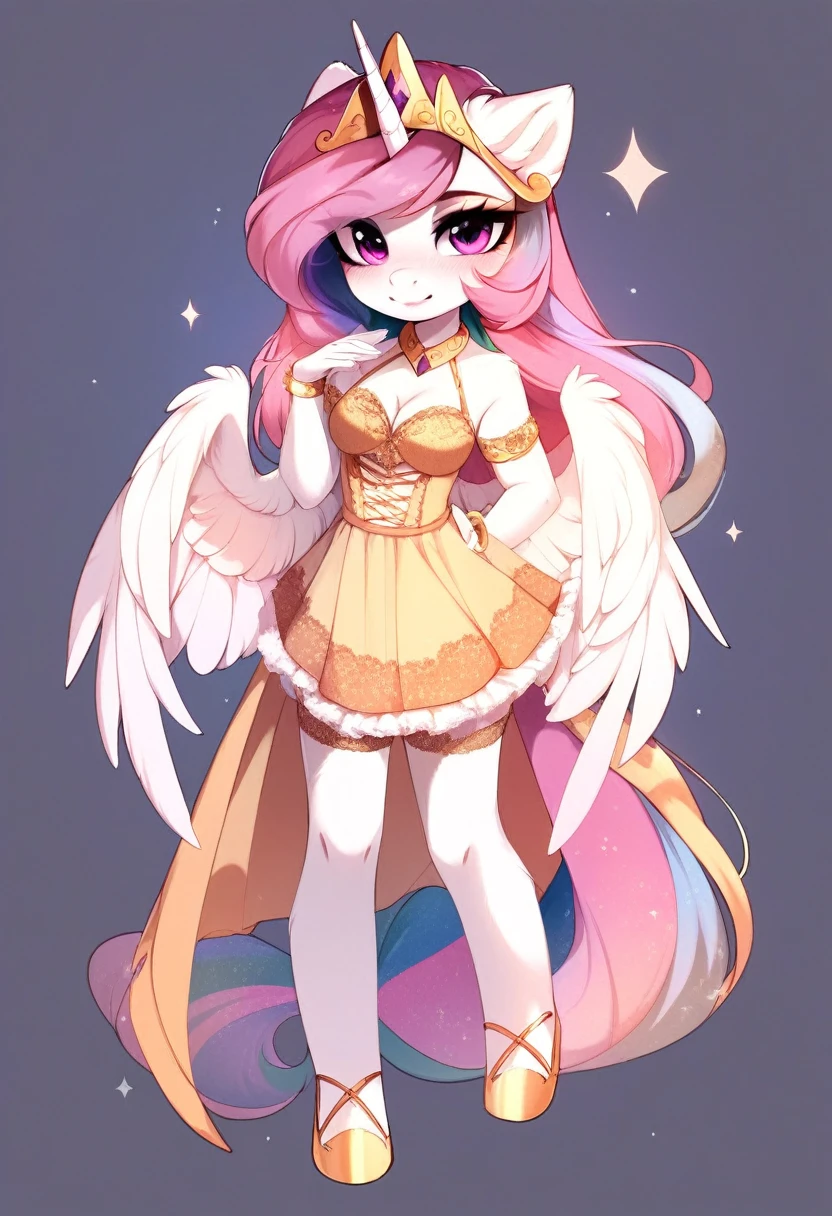 check_9, check_8_up, check_7_up, source_fluffy, rating_safe, from Magnaluna, Celestia poses seductively in a white bedroom, pink eyes, white body, anthro, blushing, wearing tight golden lingerie skirt, full body