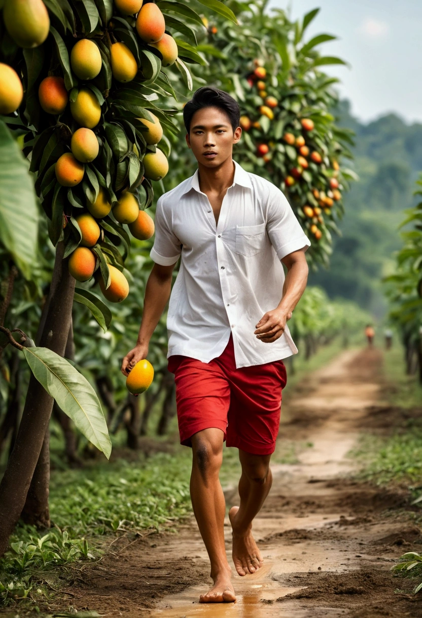 a small with an Indonesian face, wear a white shirt, red shorts, right hand holding a mango while running, dirty shabby body, barefoot, in the mango orchard