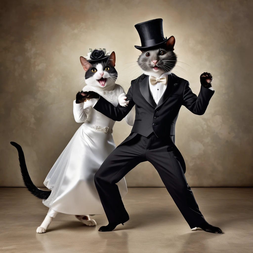 anthromopimorphic image of a wedding of a cat dressed in elegant black suit and hat, and a rat dressed as a bride dancing a wedding dance, full body of the Two