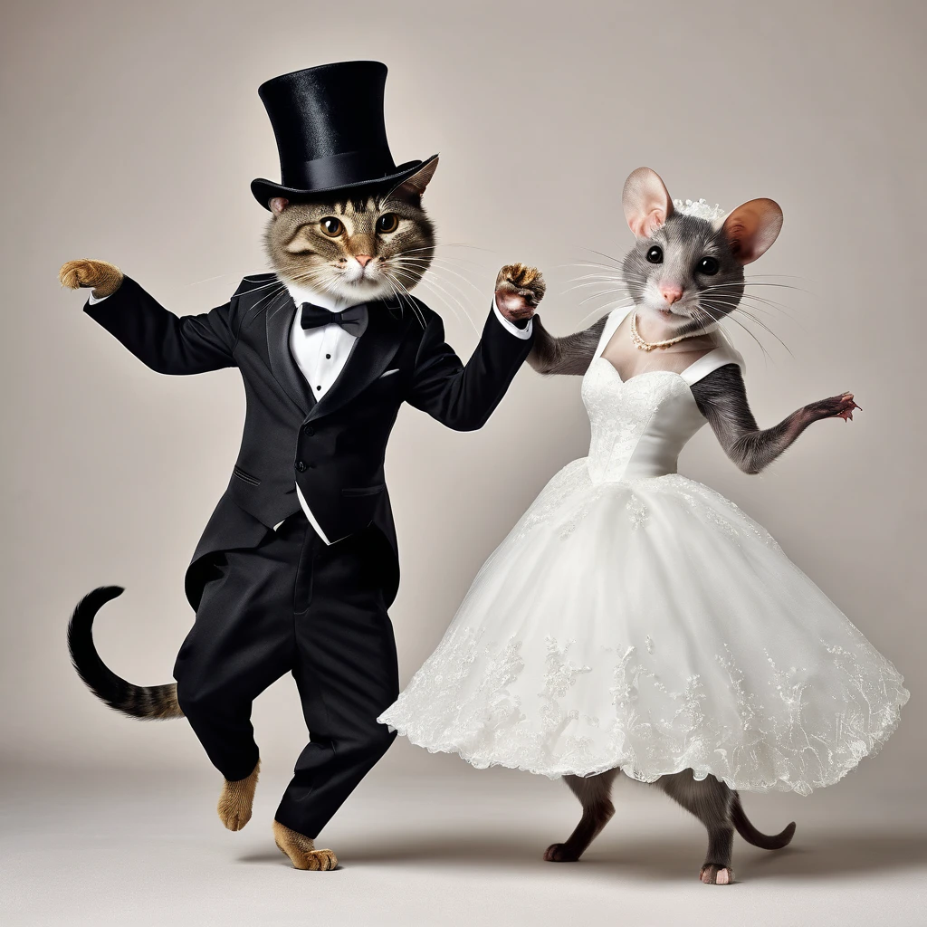 anthromopimorphic image of a wedding of a cat dressed in elegant black suit and hat, and a rat dressed as a bride dancing a wedding dance, full body of the Two