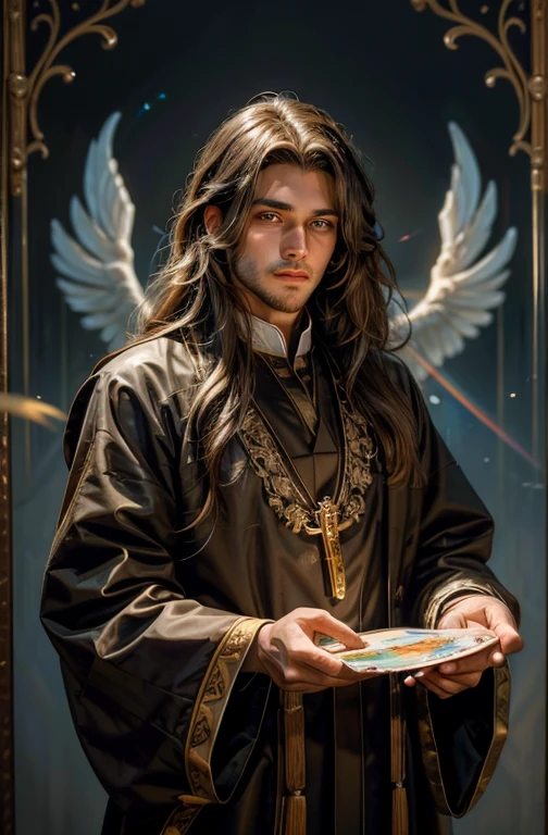 Brown long-haired handsome Symmetrical featured Male Priest with a knack for painting, spreading love and peace. Brown long-haired handsome Symmetrical featured Male Priest with the religious iconography of a bird with a rainbow feathered tail. This priest has a knack for painting, spreading love and peace