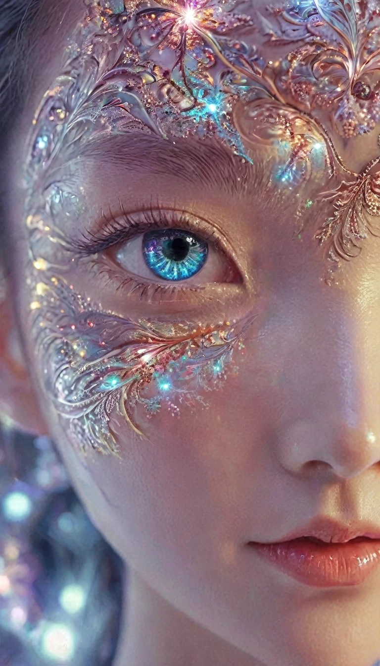 Eye close-up, Fractal,Luminescence,1 Girl,Shiny, Veela, 非常精细的Luminescence量子点, alien