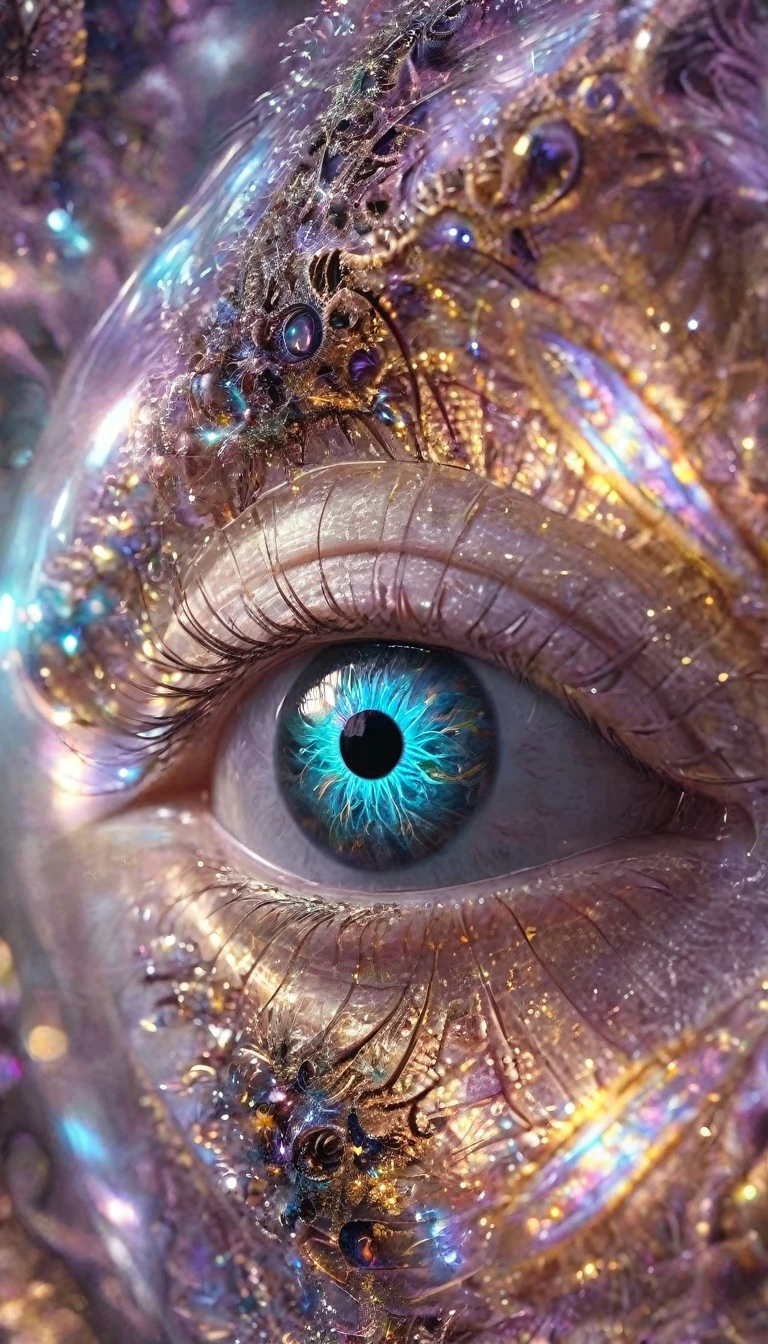Eye close-up, Fractal，Luminescence，1 Girl，Shiny, Veela, 非常精细的Luminescence量子点, alien