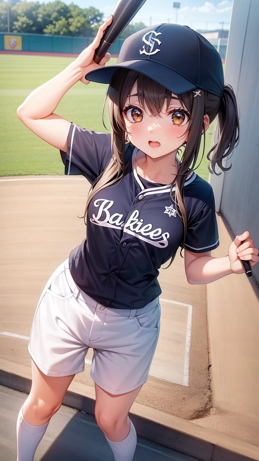 Girl playing baseball、Standing in the batter's box、Holding a bat、Wearing a baseball uniform、Very cute girl、