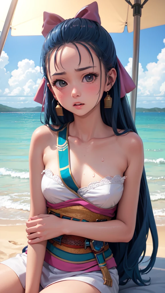 Nera、Hair Ribbon、Earrings、chest、Sash、（Highest quality、masterpiece、RAW Photos、Super detailed:1.2）、1 girl、小さなchest, Sitting, Upper Body, Turn your body forward, hot, Sweating a lot, Wipe away sweat, looking at the camera, Ocean, beach, Beach, fist, sad, tough