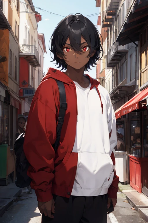 Create a man with dark skin, black hair, red eyes, who wears a red sweatshirt and a white sweatshirt underneath.