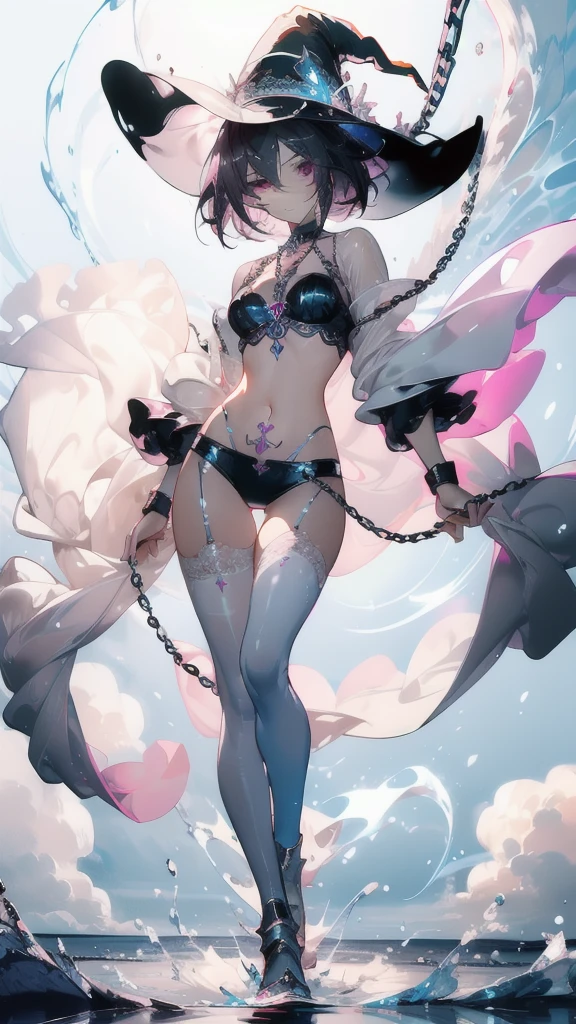 ((masterpiece, best quality)), Delicate face，Magician，Witch Hat，Standing picture，whole body，Perfect body proportions，Long legs，Handsome short hair，Nice pink eyes，Fantasy style，White background，Extremely beautiful，transparent，Pure white armor，Sexy bikini，cloud，Water Ripples，chain，Tattoo，Lace，exposed