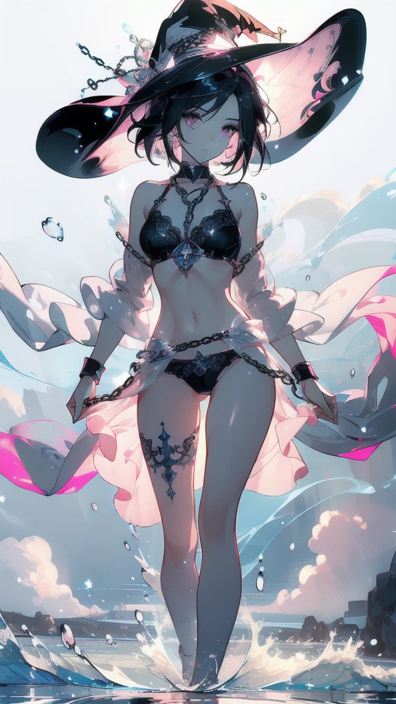 ((masterpiece, best quality)), Delicate face，Magician，Witch Hat，Standing picture，whole body，Perfect body proportions，Long legs，Handsome short hair，Nice pink eyes，Fantasy style，White background，Extremely beautiful，transparent，Pure white armor，Sexy bikini，cloud，Water Ripples，chain，Tattoo，Lace，exposed