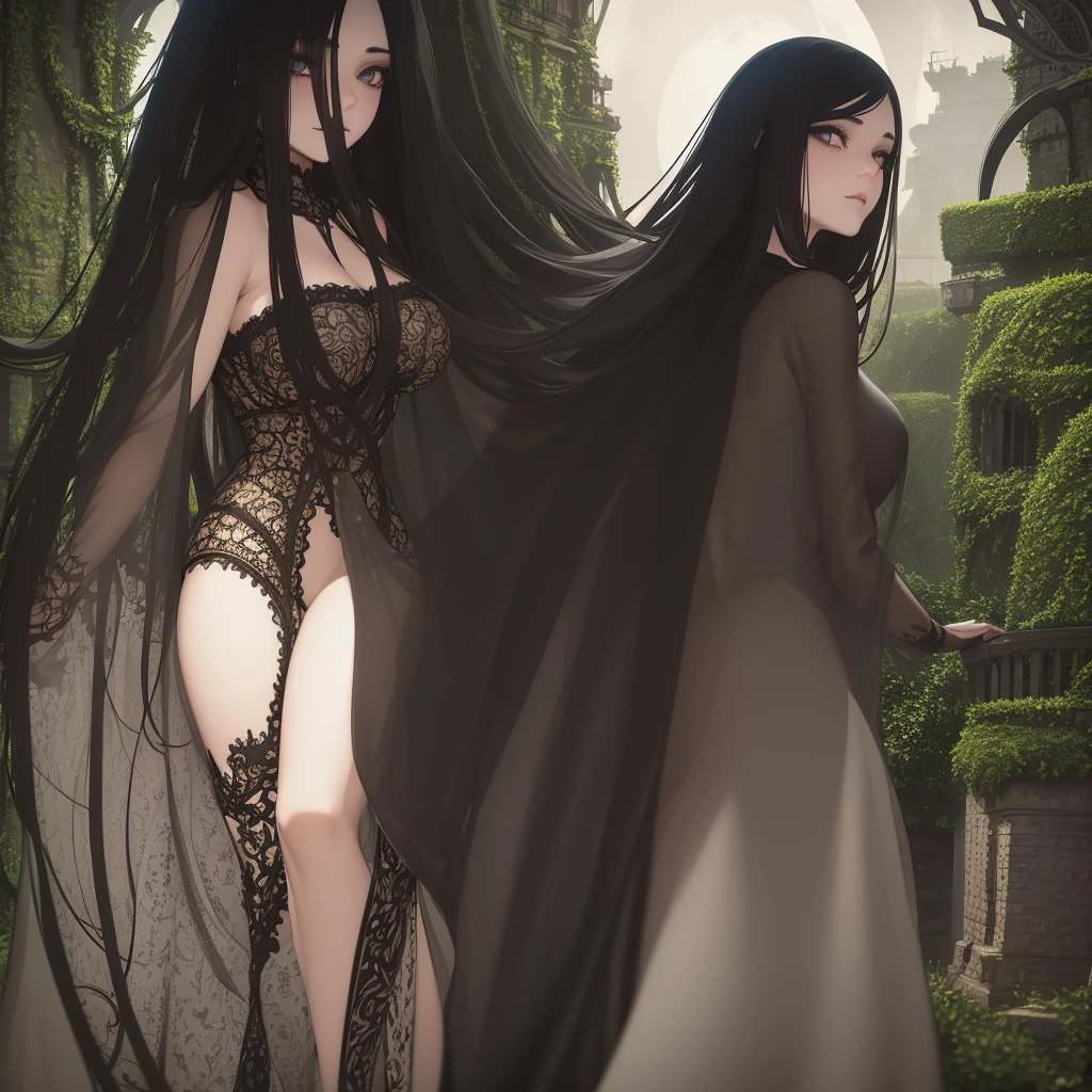 1 girl, long black hair, beautiful detailed eyes, beautiful detailed lips, extremely detailed face, long eyelashes, walking in a castle garden, full moon night, gothic architecture, overgrown vines, moonlight, dramatic lighting, cinematic, highly detailed, intricate, photorealistic, 8k, best quality, masterpiece