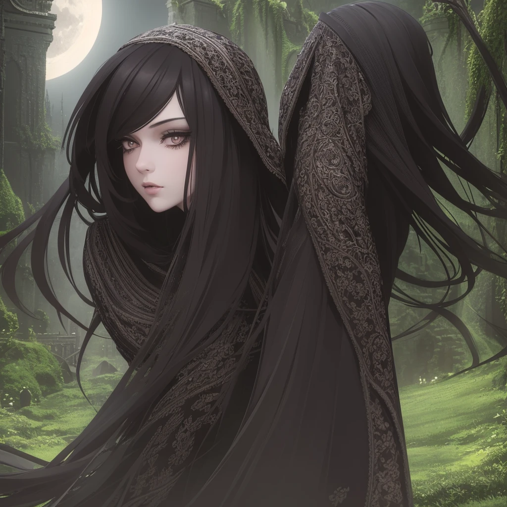 1 girl, long black hair, beautiful detailed eyes, beautiful detailed lips, extremely detailed face, long eyelashes, walking in a castle garden, full moon night, gothic architecture, overgrown vines, moonlight, dramatic lighting, cinematic, highly detailed, intricate, photorealistic, 8k, best quality, masterpiece
