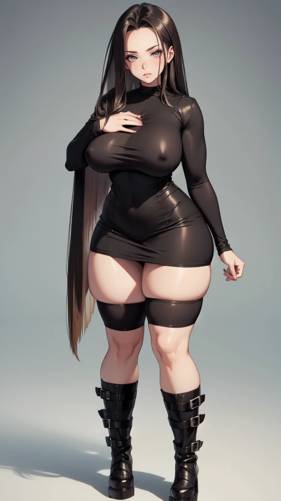 (masterpiece), best quality, expressive eyes, perfect face, vampire girl, huge girl, female muscular:1.2, big breast:1, (curvy:1.5) , (straight hair:1.8), ((blank background)), (full body framing), (thick thighs:1.4), (long legs:1.4), amazon body, toeless boots, ((pale skin)) , (red eyes), black hair, (long fangs) , long yellow dress, long sleeves, loose sleeves, covered nipples