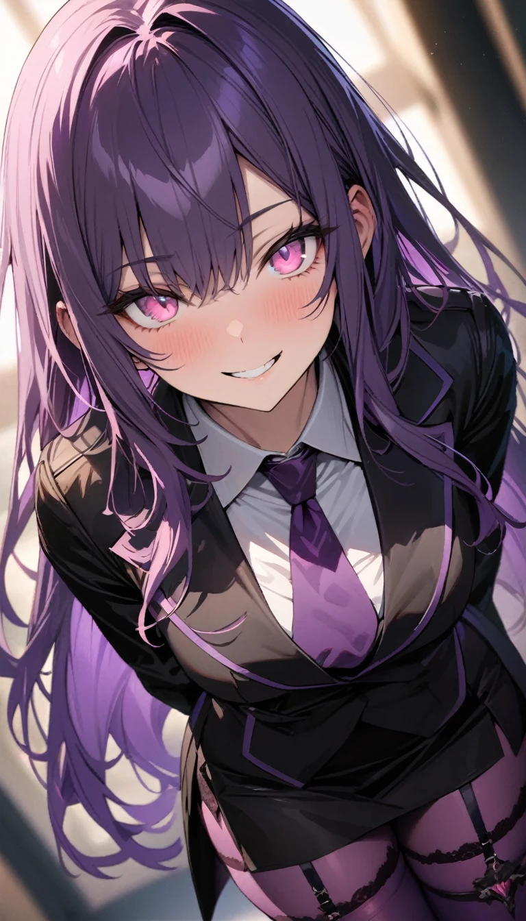 handsome girl, Solitary,
Purple long hair, Bangs, Pink Eyes, Bright Eyes,
long black jacket, tie, Black skirt, Garter, Purple leggings,
Grin, Blurred background, Perfect lighting, Best Angle,
masterpiece, best quality, Extremely detailed face, Extremely detailed,