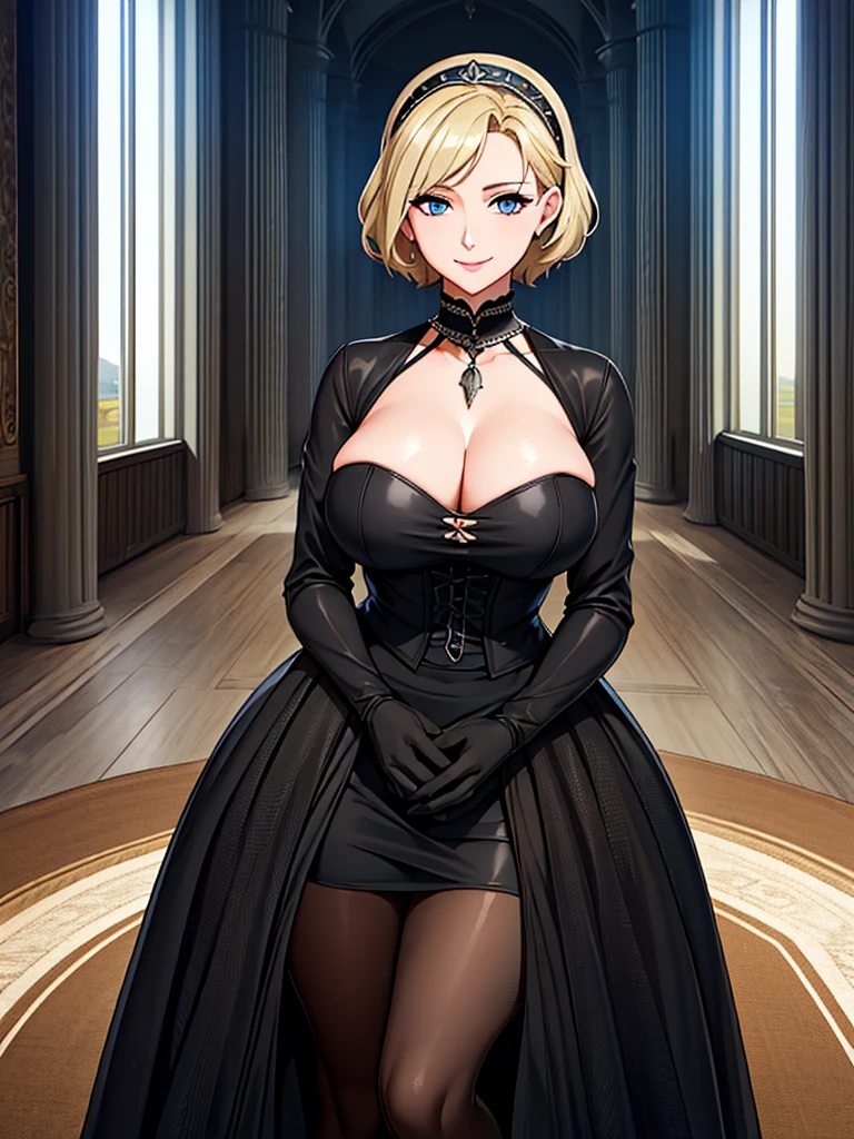 A woman wearing a black dress with silver details on the dress, short blonde hair, blue eyes, in a tower of a sophisticated medieval castle, open tower overlooking a large open field and a sea in the distance, smiling, big breasts,, HDR , ultra resolution, very detailed, masterpiece, HD 8K, (solo, just one girl)
