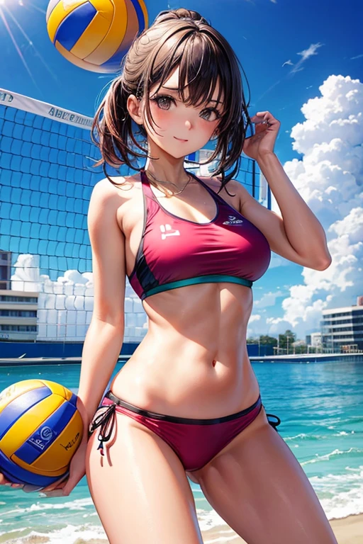 Make a girl in a bikini playing volleyball