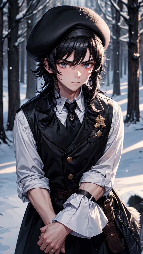 *Black shaggy-haired boy, Beret and black eyes, white skinned and a little angry, a pretty and tender face, black vest, with snowy forest landscape at night*