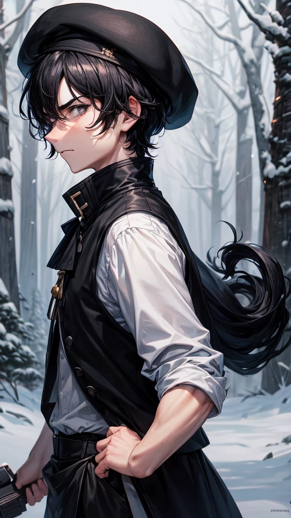 *Black shaggy-haired boy, Beret and black eyes, white skinned and a little angry, a pretty and tender face, black vest, with snowy forest landscape at night*