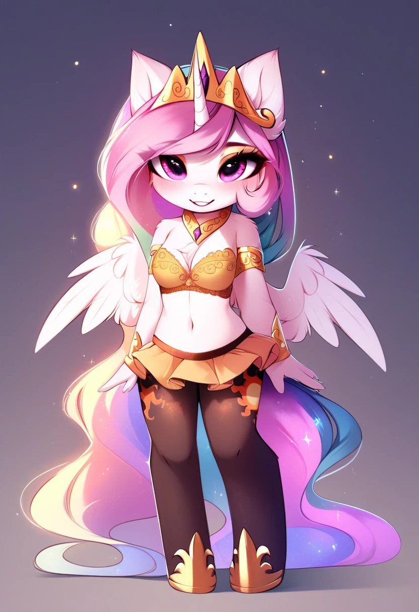 check_9, check_8_up, check_7_up, source_fluffy, rating_safe, from Magnaluna, Celestia poses seductively in a white bedroom, pink eyes, white body, anthro, blushing, wearing tight golden lingerie skirt, full body