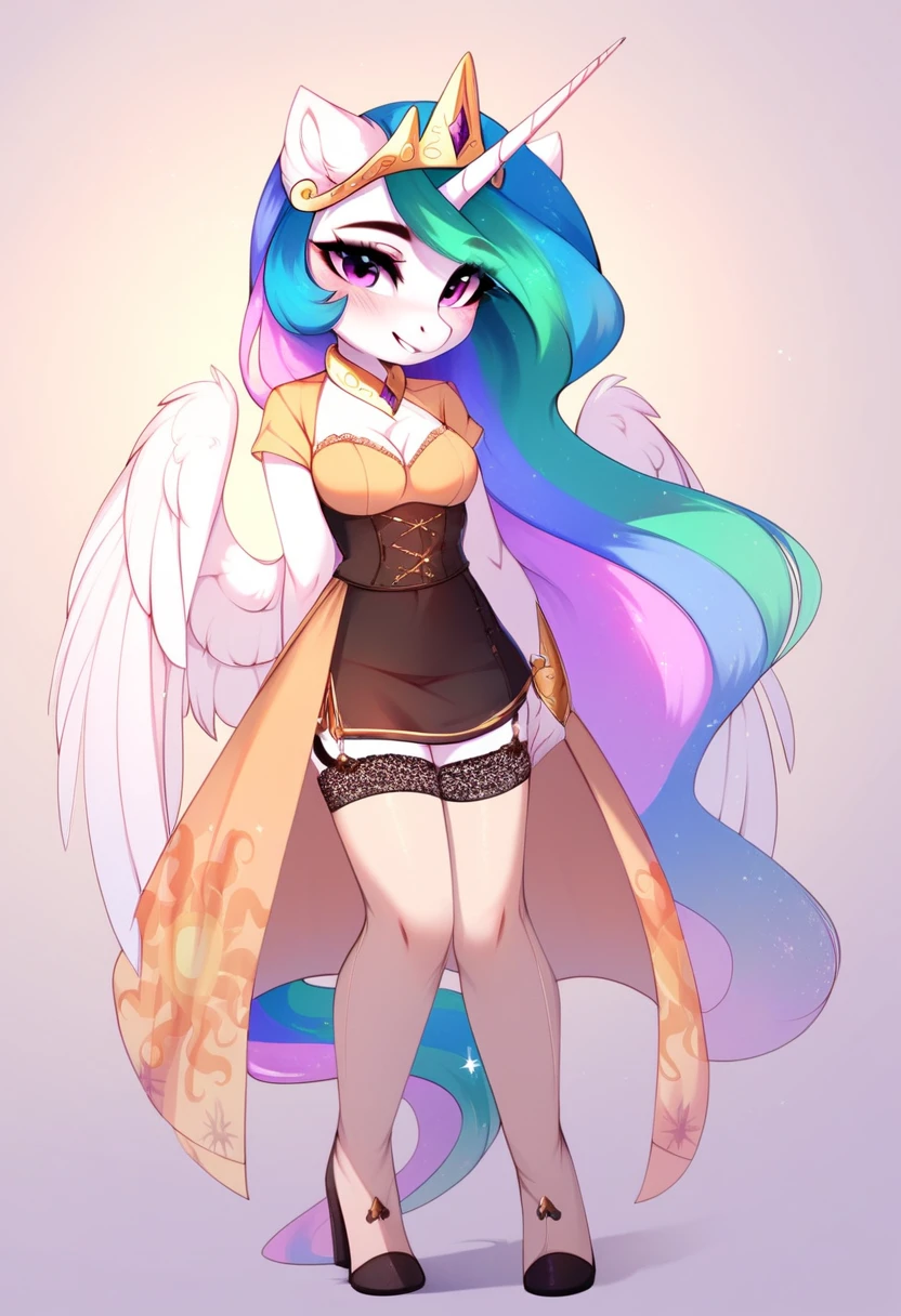check_9, check_8_up, check_7_up, source_fluffy, rating_safe, from Magnaluna, Celestia poses seductively in a white bedroom, pink eyes, white body, anthro, blushing, wearing tight golden lingerie skirt, full body