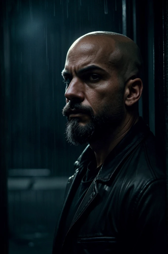 colbey:A bald man with a black scruffy beard:1.1) black clothes, new orleans, at night, bald head (intensely focused gaze, piercing eyes) (detailed facial features, defined nose and lips) (Threatening atmosphere) (dark shadows and dramatic lighting) (hight contrast:1.1) (gritty texture) (intense and suspenseful:1.1) (full of action) (dynamic composition) (cinematic vibe) (Shallow depth of field) (dramatic bokeh) (film noir style) (dark, moody color palette) (captivating and mysterious) (night setting) (Urban setting) (rain-soaked streets) (Tense and suspenseful atmosphere:1.1) (impacto emocional) (intense narrative) (provocative and thought-provoking) (impressive and impactful) (work of art:1.2), (high resolution:4K), (realisitic:1.37), (proffesional)