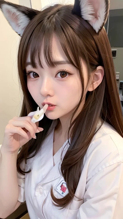 Brown Hair、Long Hair、Nurse uniform、In the hospital、H Cup、Duck mouth、Open Mouth、Fox Ears、Fox&#39;s Tail、Japanese、Model in her 20s、whole、Sitting with open legs、H Cup、bed、Stethoscope、Medical Record、The upper part of the chest is visible、Panty shot、