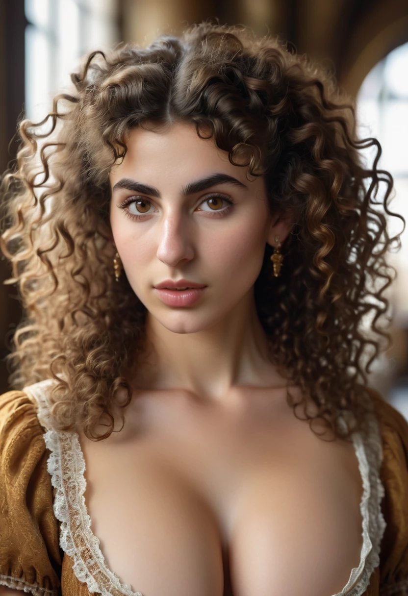 A beautful jewish women with a thick bush unibrow and a large bulbous nose. brown hair that is extremy curly and kinky, Ultra HD, with Rococo he symmetrical face, photorealistic photography, path tracing, specular lighting, and volumetric face light enhance the details. The scene is captured in maximum quality, masterpiece, 8K high resolution, and top quality.