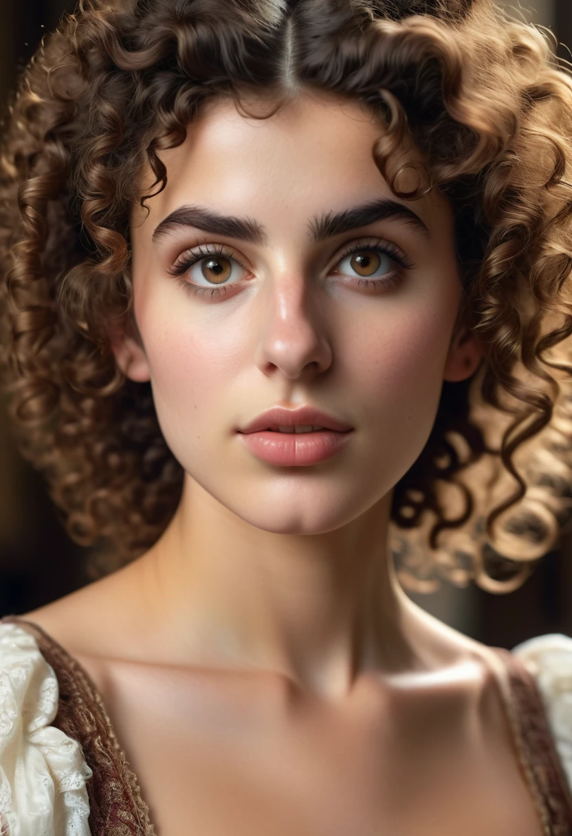 A beautful jewish women with a thick bush unibrow and a large bulbous nose. brown hair that is extremy curly and kinky, Ultra HD, with Rococo he symmetrical face, photorealistic photography, path tracing, specular lighting, and volumetric face light enhance the details. The scene is captured in maximum quality, masterpiece, 8K high resolution, and top quality.