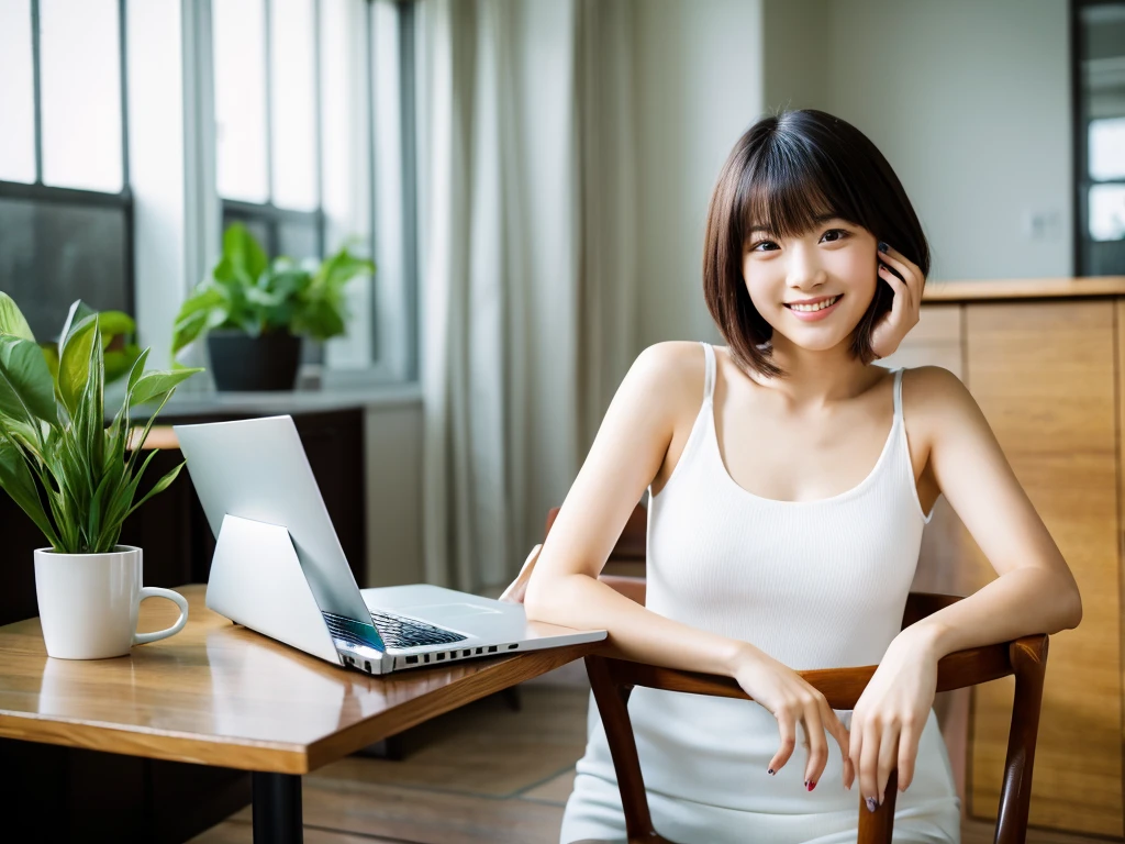 masterpiece, realistic, photorealistic, best quality, beautiful detailed, natural lighting, sharp focus, depth of field, A beautiful 20-year-old Japanese woman with a short haircut, wearing a white tank top and white mini skirt, is sitting on a dining table chair in a modern living room. She has double eyelids, smiling, (((looking directly at the camera))), (((She is using a computer to browse the internet))). The composition captures her full body.