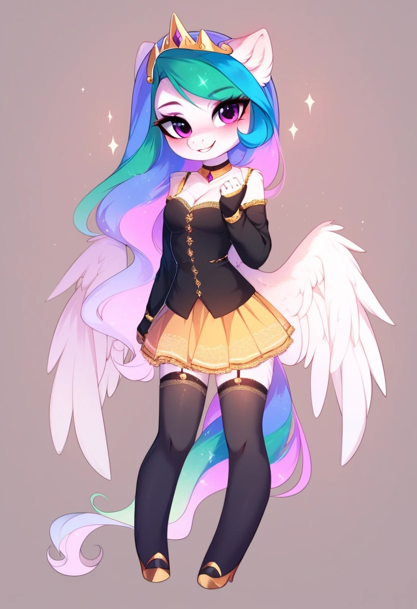 check_9, check_8_up, check_7_up, source_fluffy, rating_safe, from Magnaluna, Celestia poses seductively in a white bedroom, pink eyes, white body, anthro, blushing, wearing tight golden lingerie skirt, full body