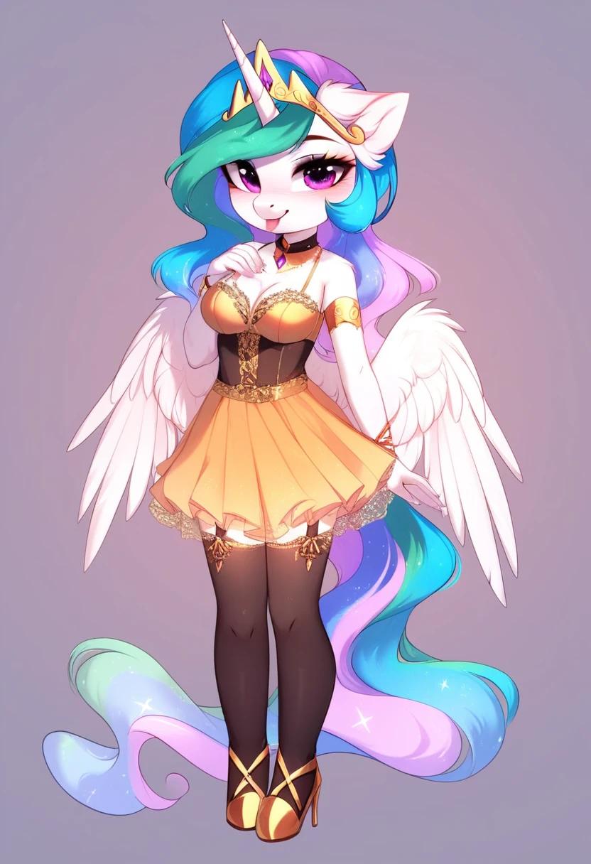 check_9, check_8_up, check_7_up, source_fluffy, rating_safe, from Magnaluna, Celestia poses seductively in a white bedroom, pink eyes, white body, anthro, blushing, wearing tight golden lingerie skirt, full body