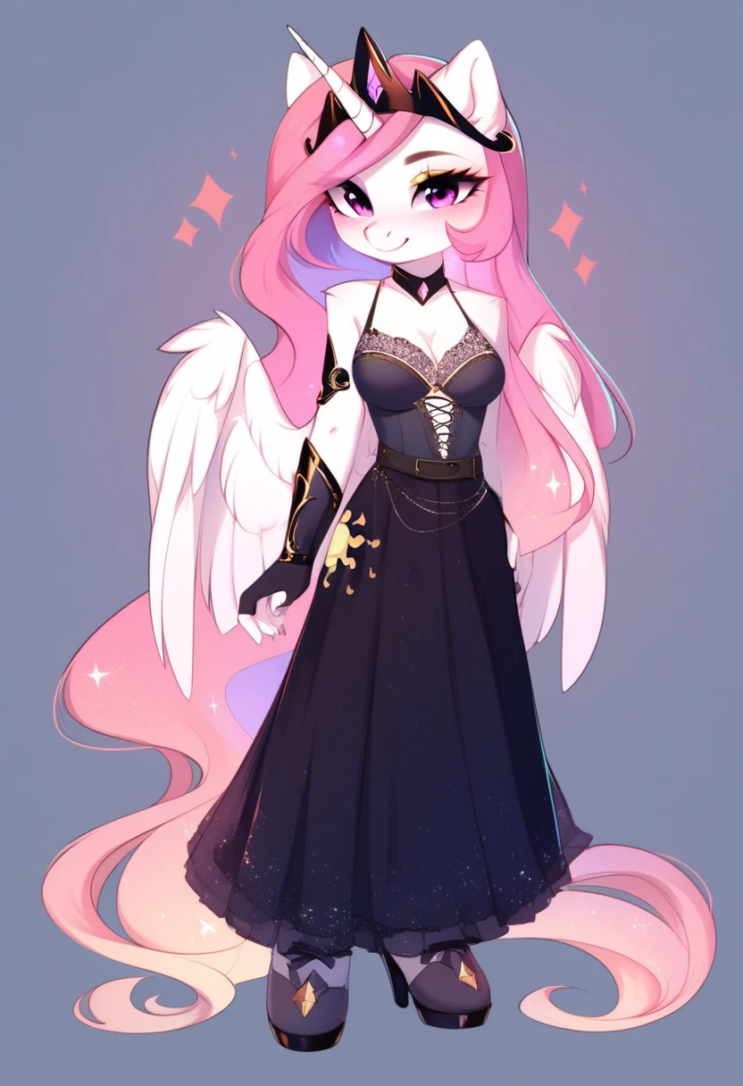 check_9, check_8_up, check_7_up, source_fluffy, rating_safe, from Magnaluna, Celestia poses seductively in a white bedroom, dark pink mane with gold stripes in it, hair bun with bangs, pink eyes, white body, thick thighs, anthro, blushing, wearing peach colored see through dress, full body
