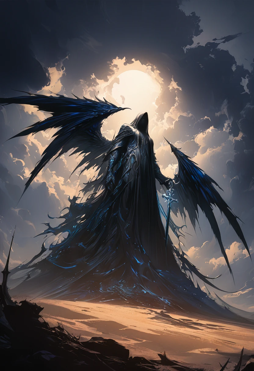(masterpiece, best quality: 1.2), Underground Angel, Folding wings, Holding a blue silver cross, moonlight, partly cloudy, Dark fantasy illustration style, Dark Arts, High contrast, Dark Shadows, Atmospheric perspective , Melancholic colors, work, Volumetric Lighting, number, Brushstrokes, Dramatic Lighting, Low Angle, Surrealism, Very detailed, Surrealism