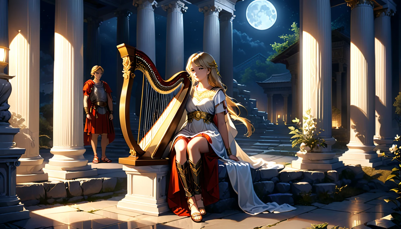 Ancient Greek temple, at night, main characters are two young men and girl, the young man stands, the girl sits, leaning against a pillar, a handsome young man around 20 years old, with loose shoulder-length blond hair, a Roman soldier, wearing liturgical military uniform, Roman sandals and calf and knee pads, standing leaning against the pillar and listening to the music played by a priestess, bowed slightly, holding a Roman helmet in one arm, weight on one leg with the other slightly bent, late at night, inside the temple (dark: 1.3) (unlit: 1.2), moonlight filtering in at an angle, illuminating him clearly, a young priestess sits inside the temple a little distance from him, (playing a harp:1.5) larger than her, holding it in front of her, late at night, inside the temple (dark: 1.3) (unlit: 1.2), moonlight filtering in at an angle, illuminating her faintly. Highly detailed, photorealistic, realistic lighting, intricate architecture, ornate decorations, cool color palettes, golden accents, soft fabric textures, seductive facial expressions, graceful poses, cinematic compositions, natural lighting, realistic shadows, mysterious atmosphere, hyper-realistic, award-winning art