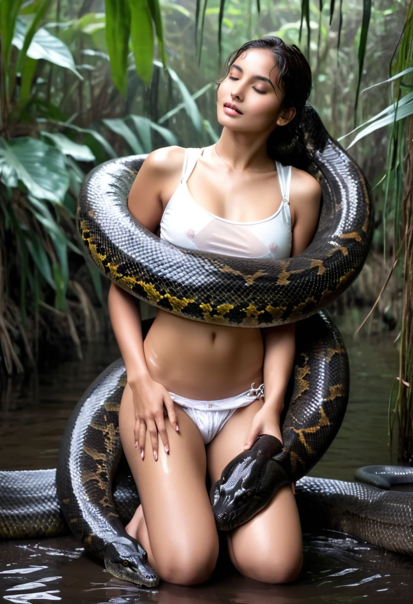 Top quality, masterpiece, super high resolution, real photo, raw photo, cute, beautiful young Indian girl, happy expression, joy, glossy skin, dramatic lighting, full body, full body wet, dirty white tank top, sheer with thin fabric, white shirt dirty with mud, beautiful breasts, beautiful ass, butt sticking out, creepy, in the dark jungle, waterside, black large anaconda , slim, long limbs, slimy, slim Sleeping on large anaconda a large giant black anaconda wrapped around her neck, a large anaconda wrapped around her body, an anaconda’s head from between her crotches, an anaconda and an anaconda intertwining their tongues and kissing, a girl hugging giant anaconda , a girl and a large anaconda staring at each other Many large anacondas horny aroused tentacle sex large object penetration nsfw snake tongue kissing blowjob bestiality