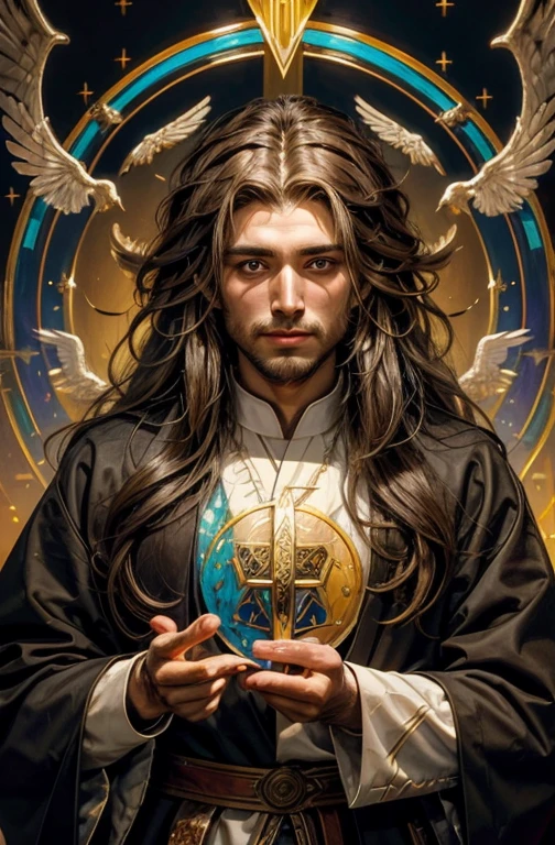 Brown long-haired handsome Symmetrical featured Male Priest with a knack for painting, spreading love and peace. Brown long-haired handsome Symmetrical featured Male Priest with the religious iconography of a bird with a rainbow feathered tail. This priest has a knack for painting, spreading love and peace
